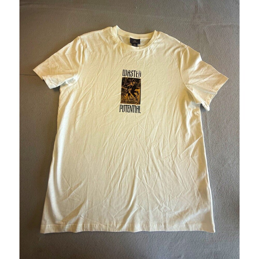 H&M Men's White Cotton Jersey Graphic Print T-Shirt Crew Neck Short Sleeve M